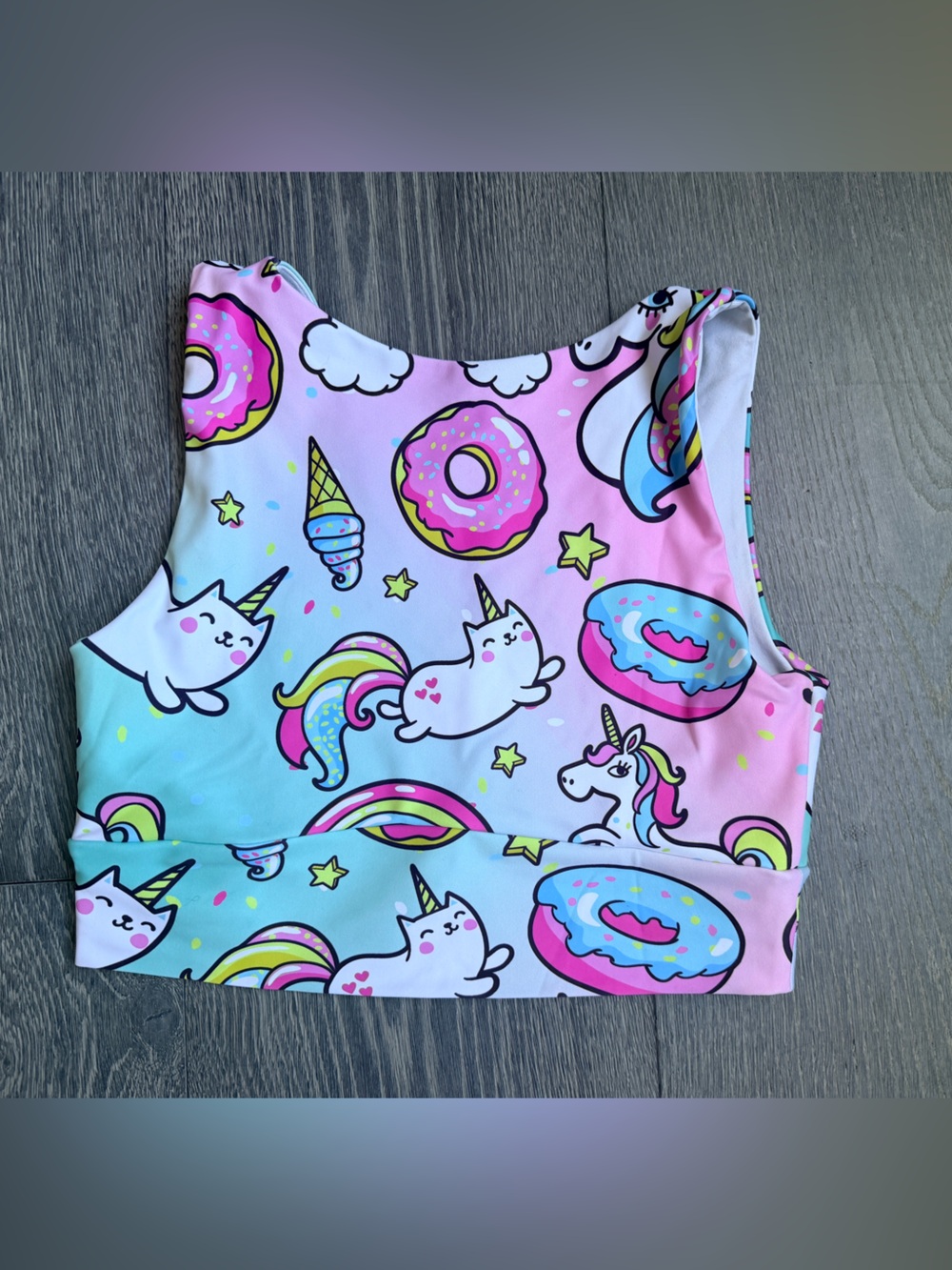 Exotica Rainbow Unicorn Print Performance Reversible Comfort Crop Top